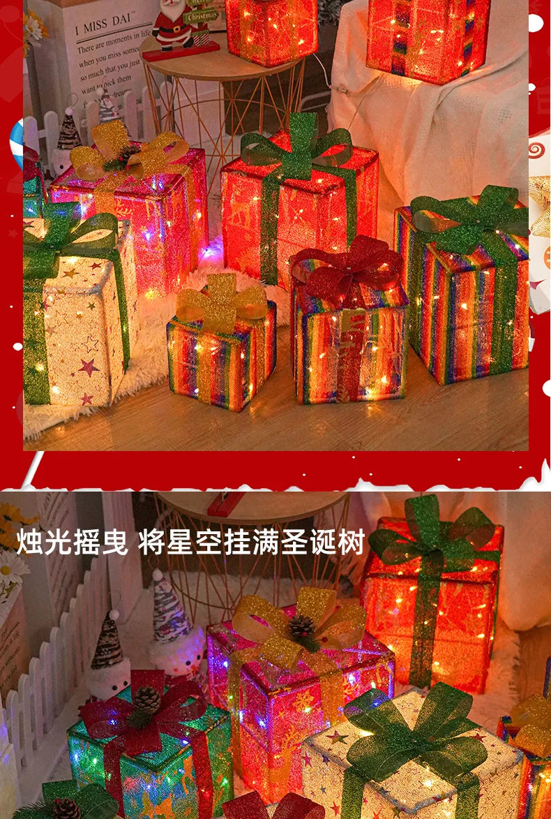 2025 Christmas Gift Box with LED Light String Warm Light Colored Light 3pcs Gift Box Christmas DIY Props Decoration Gift Boxs
