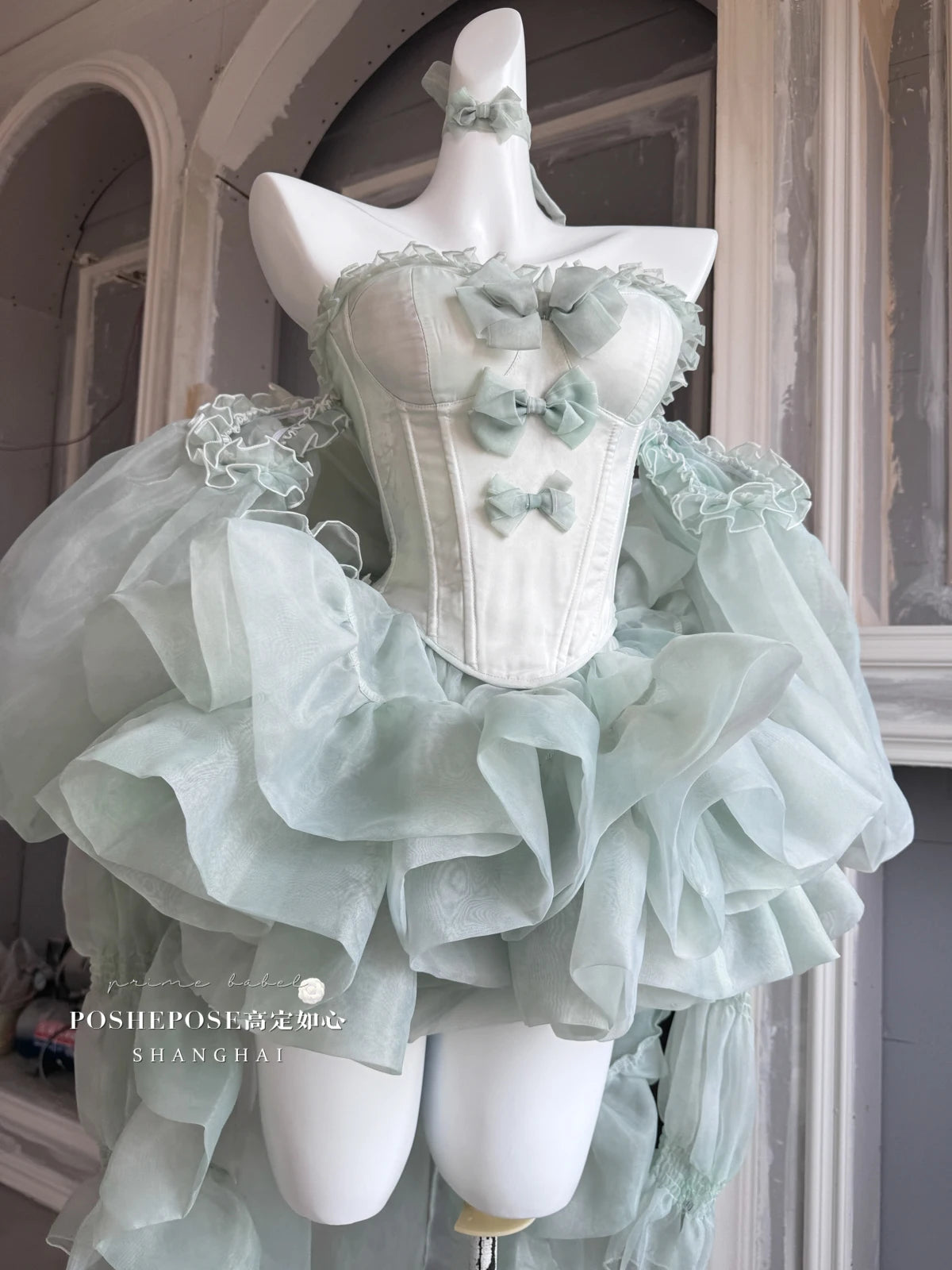 High Street Women's Mint Green Strapless Bowknot Sweet Fairy Organza Dress 2024 New Elegant Big Bow Trailing Party Wedding Dress