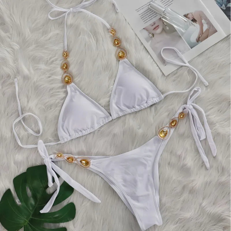 Black Sexy Bikinis 2025 Swimsuit With Rhinestones Women Swimwear Female Push Up Bikini Beach Swim Wear Bathing Suit Pool Bather