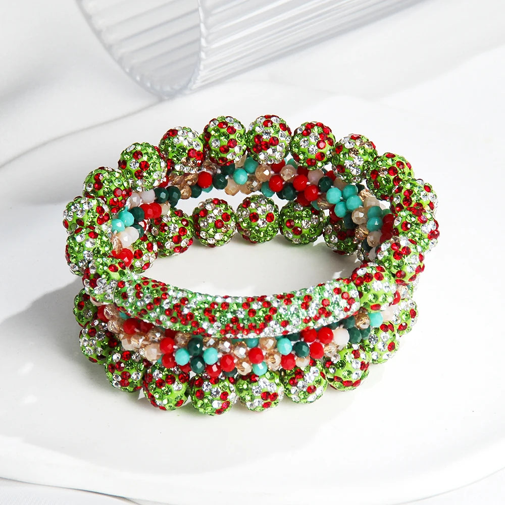 New American Independence Day 3pcs Stack Bracelet Set 10mm Red White Blue Mixed Rhinestone Ball Glass Beaded Elastic Bracelet