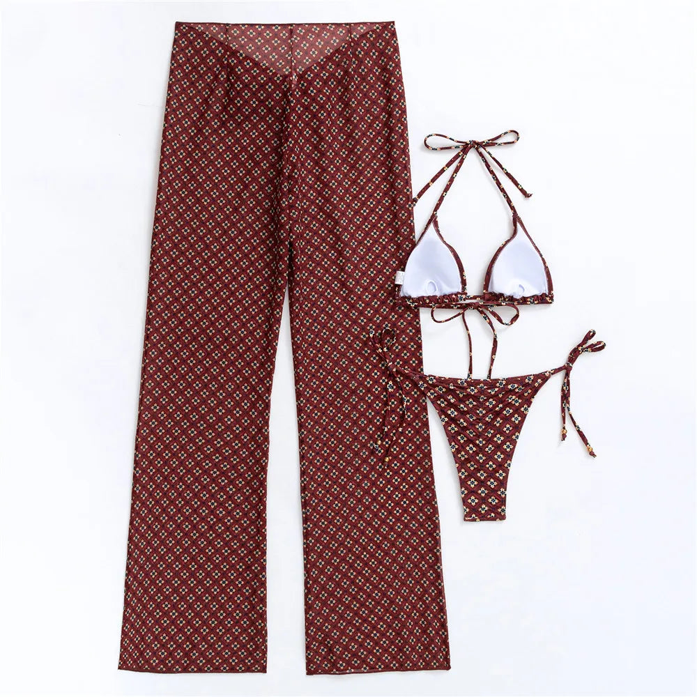 Sexy Floral Print Swimwear 3 Piece Bikini Set with Trousers Swimsuits Women 2025 Micro Thong Bikinis De Mujer Beach Wear Bather