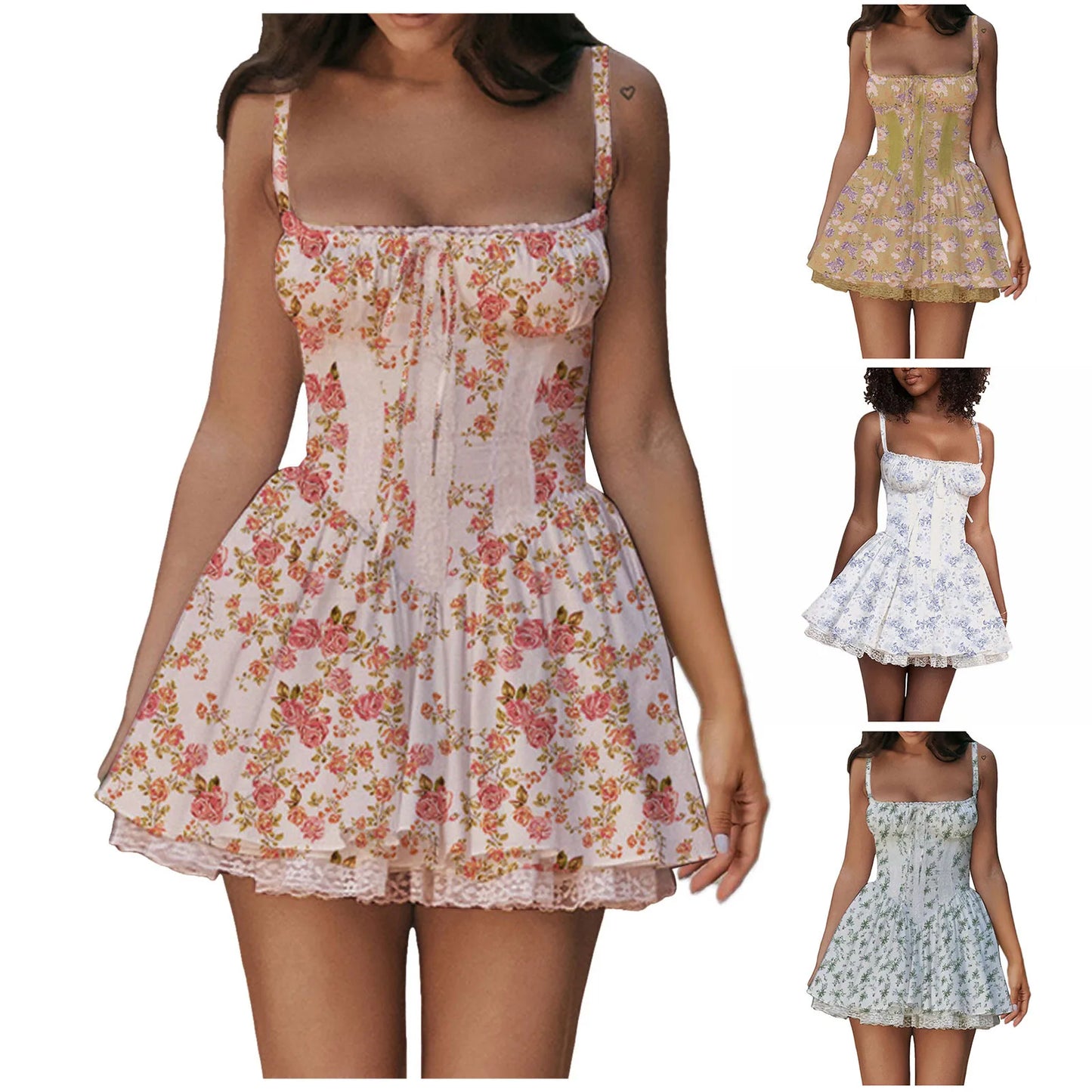 Women Floral Print Mini Dress Sexy Lace Patchwork Suspender Tie Up Corsets Bodycon Short Dresses Summer Boho French Vestidos