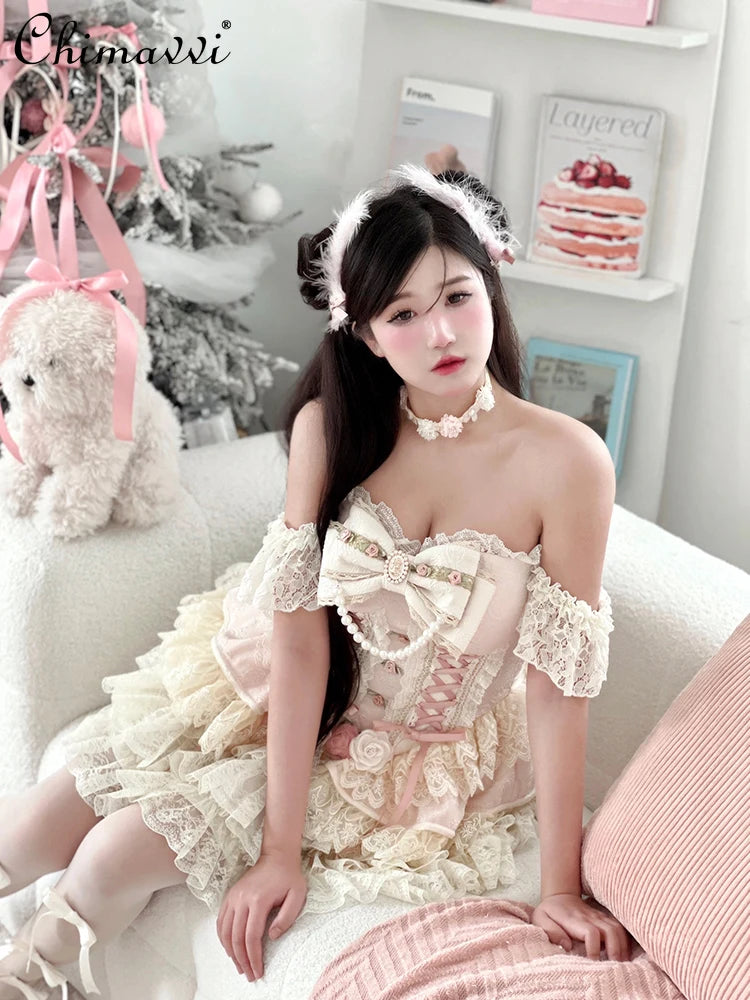 Original Romantic Atmosphere Cute Girls Skirt Sets 2025 Spring and Summer Sweet Lolita Tube Top Slim Top and Skirt 2-piece Set