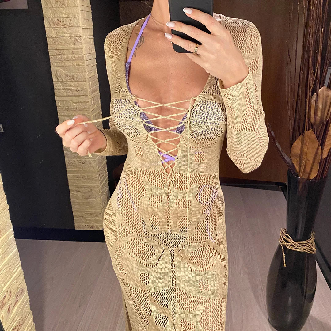 Deep V Dress Lace Up Long Sleeve Women Split Maxi Dress Crochet Knitted Tunic Mesh Sheer Sexy Bodycon Long Dress Vestido V4146B