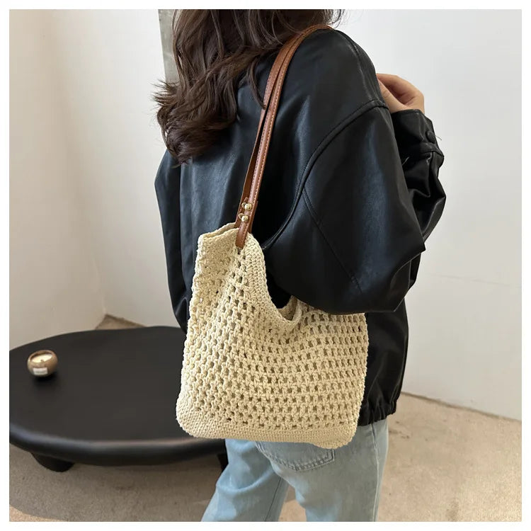 Large Capacity Weaving Shoulder Bags For Women Daily Used/Vacation, Casual Tote Straw Beach Bag, Handbags For Shopping/Commuter