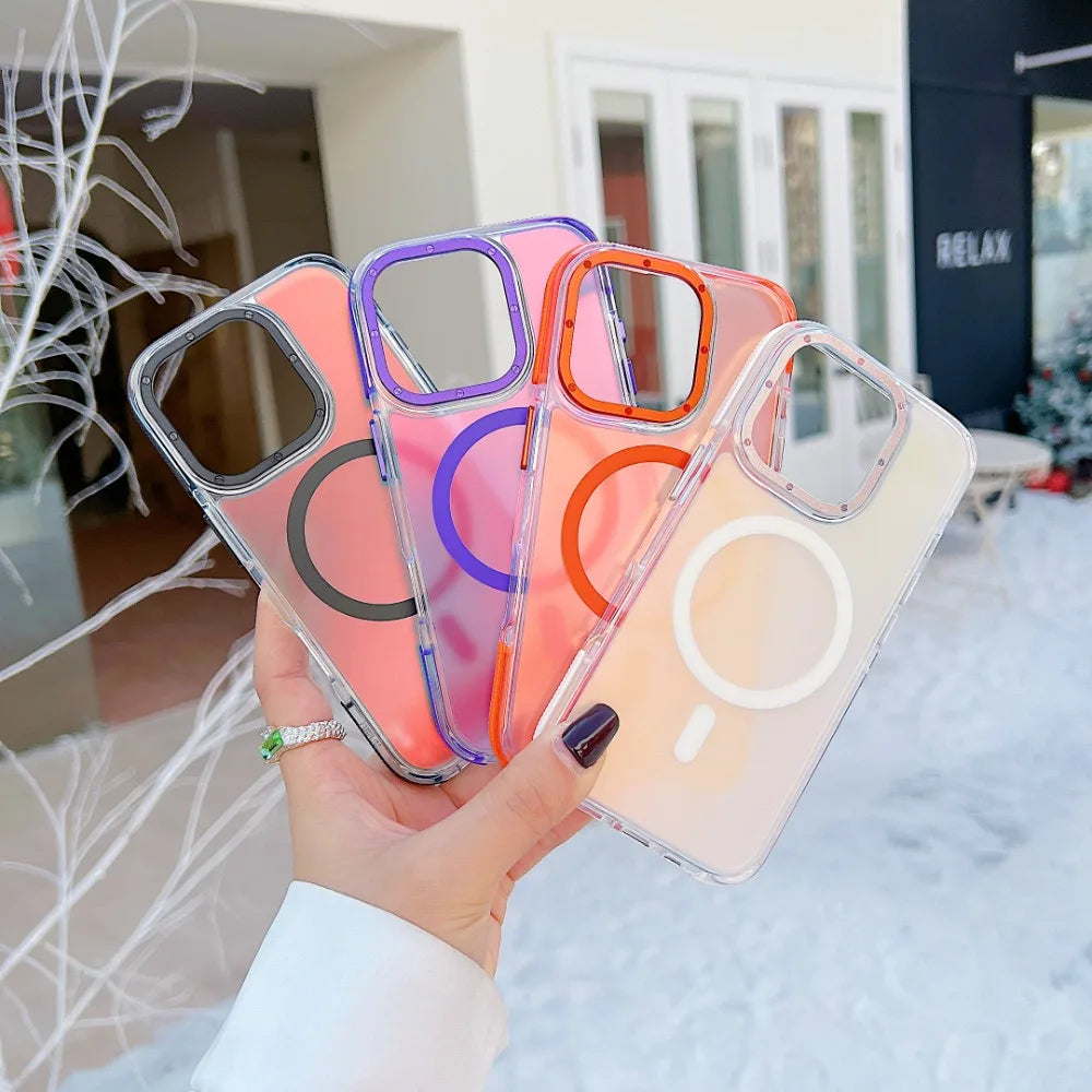 Stylish Metal Lens Magnetic Phone Case for IPhone 17 16 15 14 13 12 11 Pro Max Plus MagSafe Wireless Gradual Change Color Cover