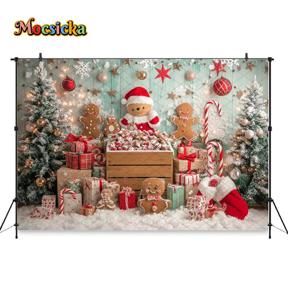 Mocsicka Christmas Gift Room Background for Winter Kid Photography Xmas Tree Gingerbread Man Snowy Backdrop Decor Photo Studio