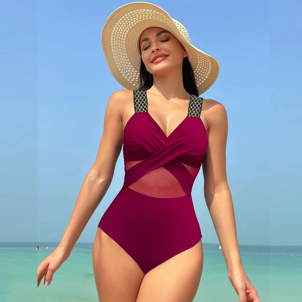 Sexy One Piece Swimsuit Women's Pure Color Mesh Bikini Swimsuit Summer New