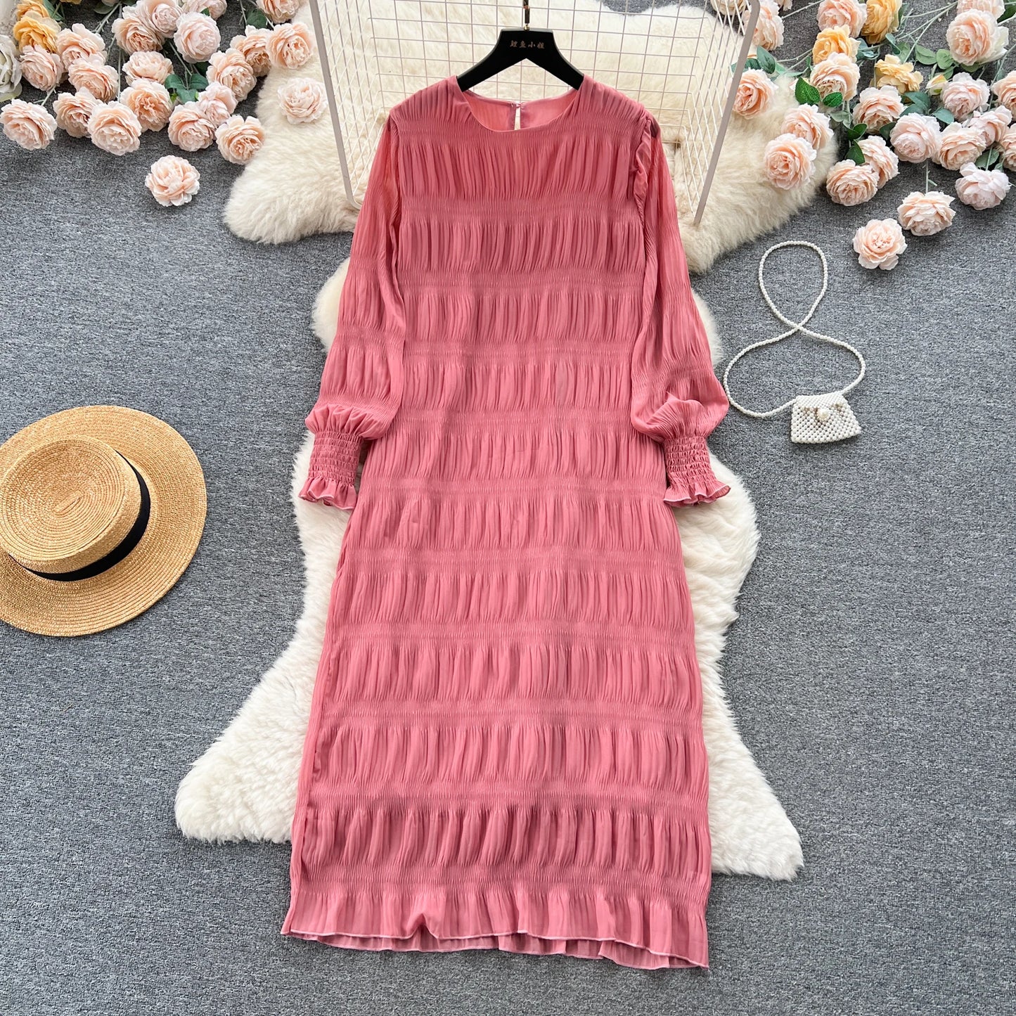 Autumn Vintage Women Draped Loose Midi Dress Elegant Round Collar Puff Long Sleeve Robe Casual Yellow/Burgundy/Green Vestido New