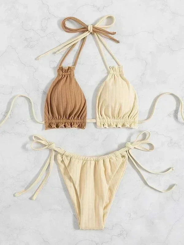2025 Sexy Bikini Women Swimwear Swimsuit Drawstring Patchwork Pit Stripped Double Straps Halter Bikinis Set Beach Bathing Suit