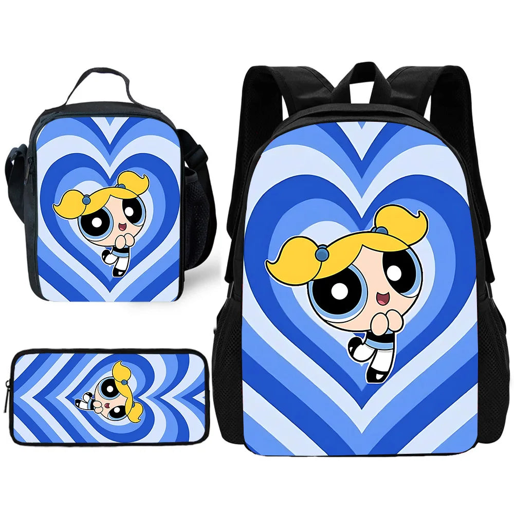 Cute P-PowerpuffS Girls 3 pcs set Child School Backpack with Lunch Bags ,Pencil Bags ,School Bags for Boys Girls Best Gift