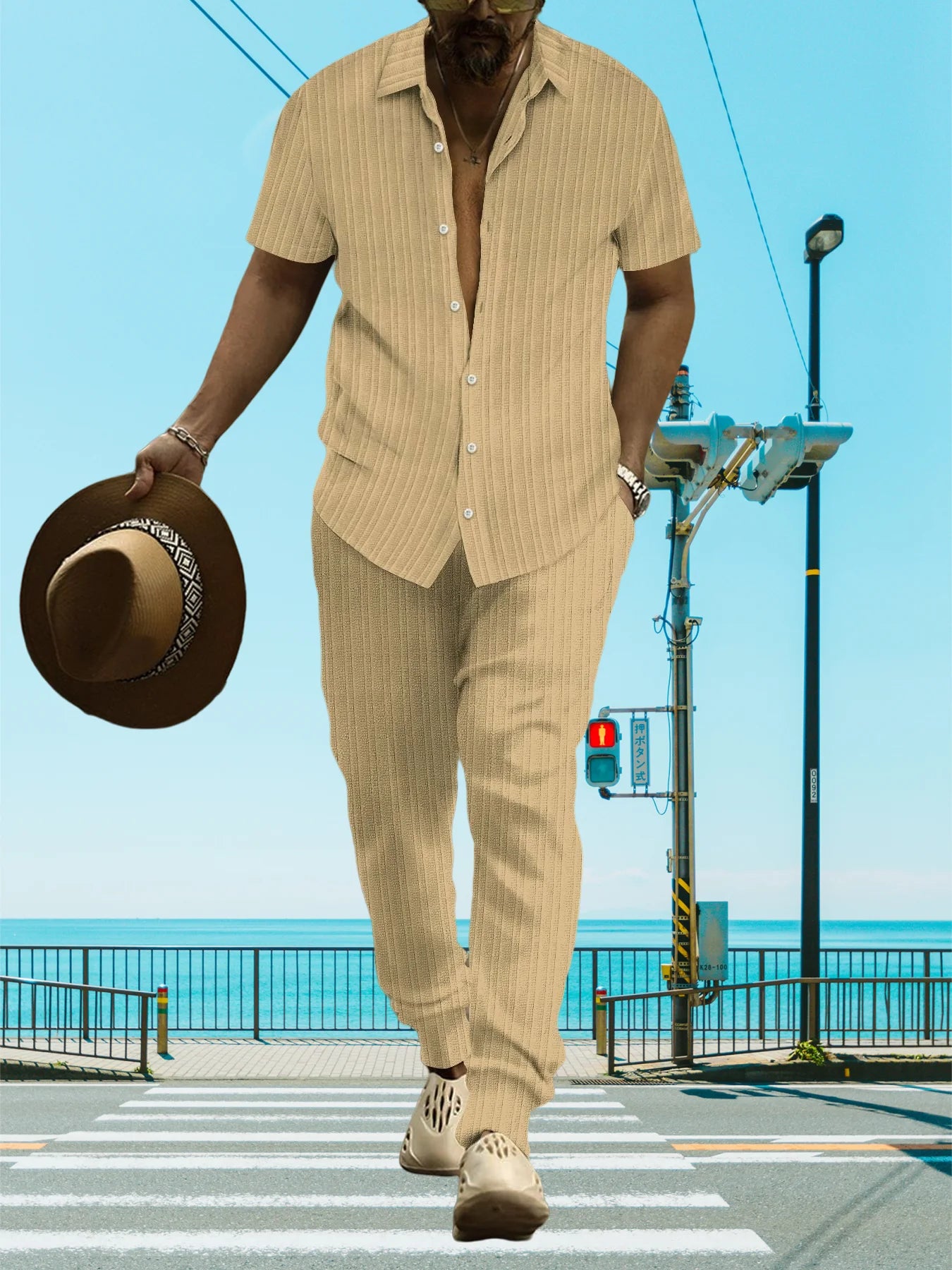 Ultra-thin Ultra-light Summer Men's Shirt Casual Loose Short Sleeve + Trousers Beach Suit Surf Casual Solid Color Lapel Suit