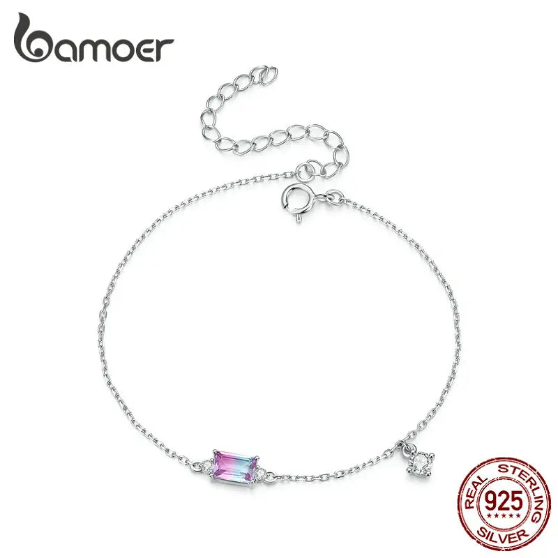 Bamoer 925 Sterling Silver Synthetic Tourmaline Bracelet for Women Fine Jewelry Fashion Adjustable Bracelet Fine Jewelry BSB092