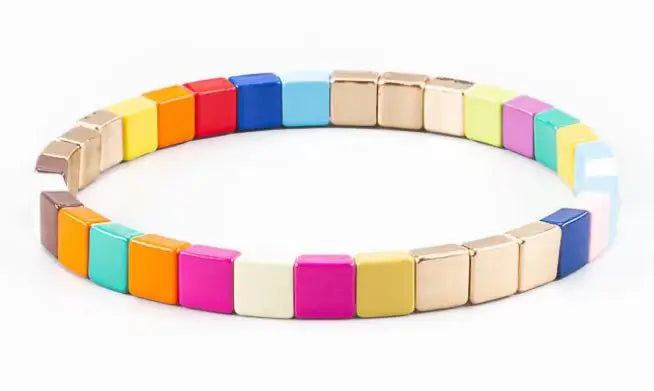 2022 New Fashion Enamel Rainbow Tile Hand Bracelet Colorful Enameled Elastic Bead Bracelet Jwelry for Women Accessories Suit