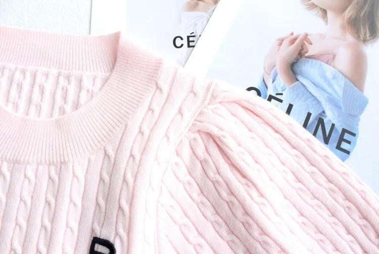 Japanese New Spring Ladies Sweet Bubble Short Sleeve Twist Knitted Top Sweater Letter Embroidered Pure Color Women's T-shirt