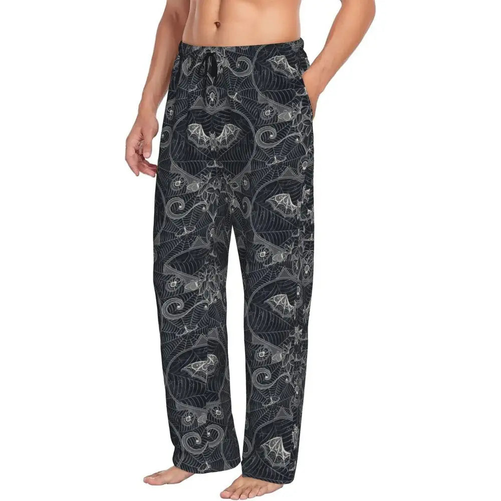 Custom Cute Spooky Halloween Bats Black And Purple Pajama Pants for Men Lounge Sleep Drawstring Sleepwear Bottoms with Pockets