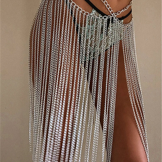 Women's Y2K Summer Mini Skirt with Metal Sequins Glitter Rhinestone Tassel Waist Chain for Festival Rave Nightclub