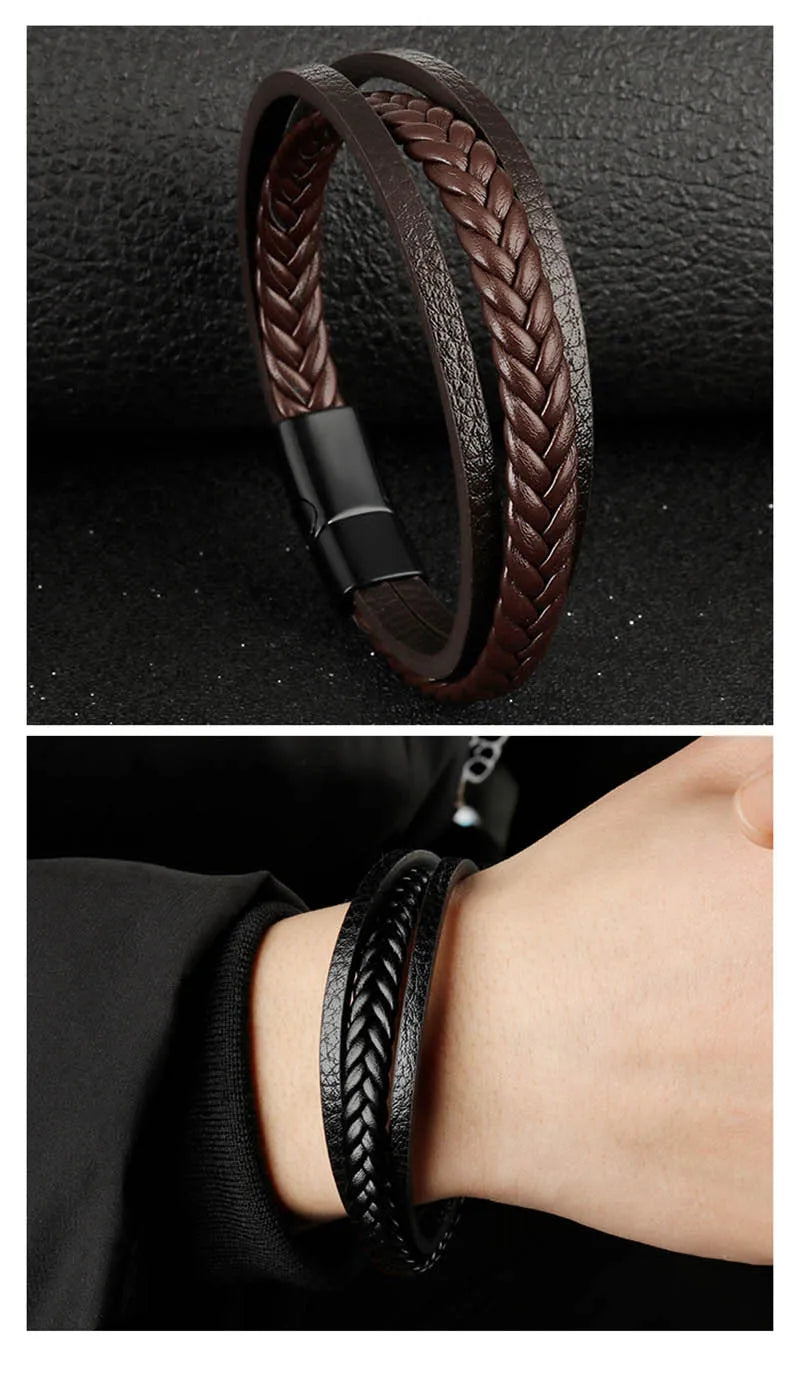 Vintage Genuine Leather Bracelet for Men Handmade Woven Bracelet Magnetic Clasp Wrap Bracelet Homme Hand Jewelry Accessories New