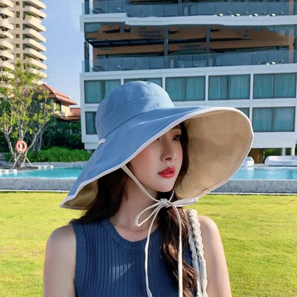Solid Color Wide Brim Sun Hat Korean Style Anti-UV Sun Protection Hat Fisherman Hat with Neck Rope Women Bucket Hat Ladies