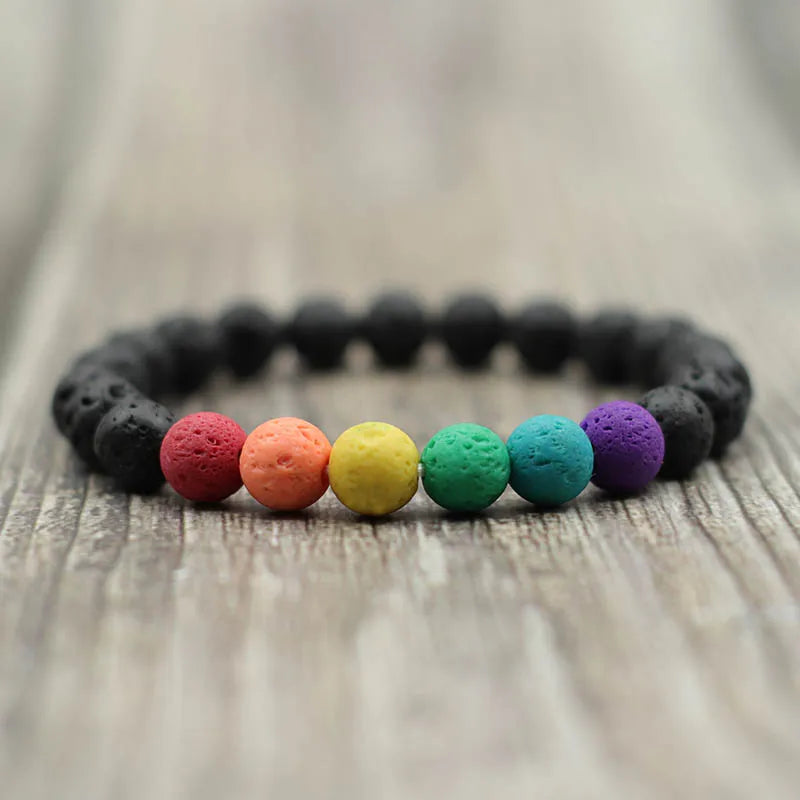 Colorful Lava Stone Bracelet Men Women 8mm Natural Onyx Tiger Eye Beaded Braclet Rainbow Friendship Brass Braslet