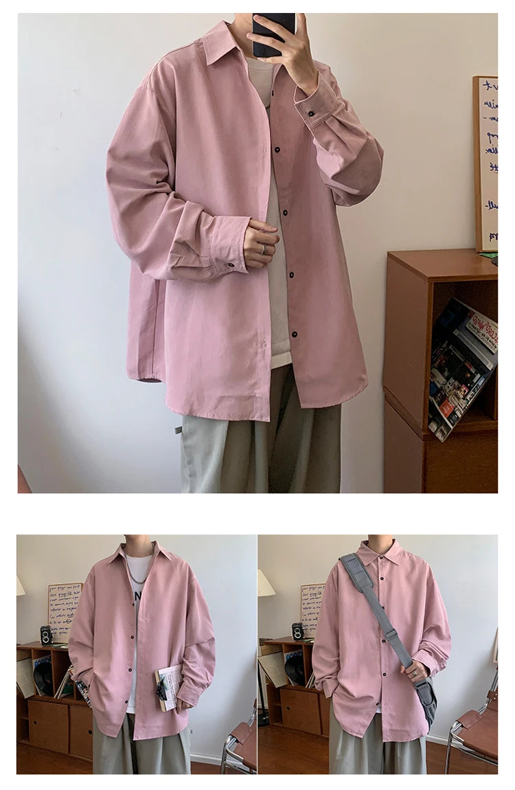 Shirt Men Solid Long Sleeved Shirt For Men Korean Fashion Shirts Baggy Business Casual Single Breasted Shirt Harajuku Oversized