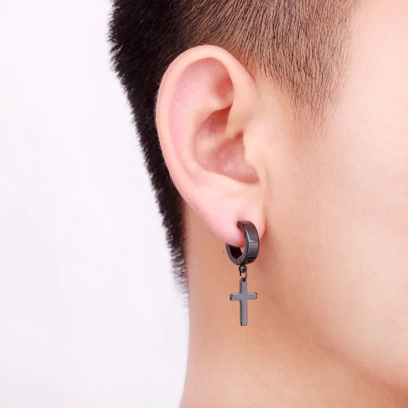 New Trendy Punk Zircon Crystal Cross Earring for Women Men Goth Hip Hop Piercing Black Hoop Earrings Fashion Party Jewelry Gifts