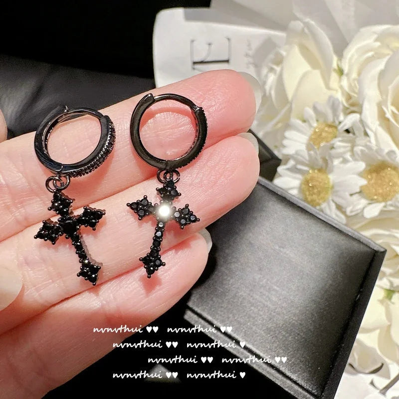 New Trendy Punk Zircon Crystal Cross Earring for Women Men Goth Hip Hop Piercing Black Hoop Earrings Fashion Party Jewelry Gifts