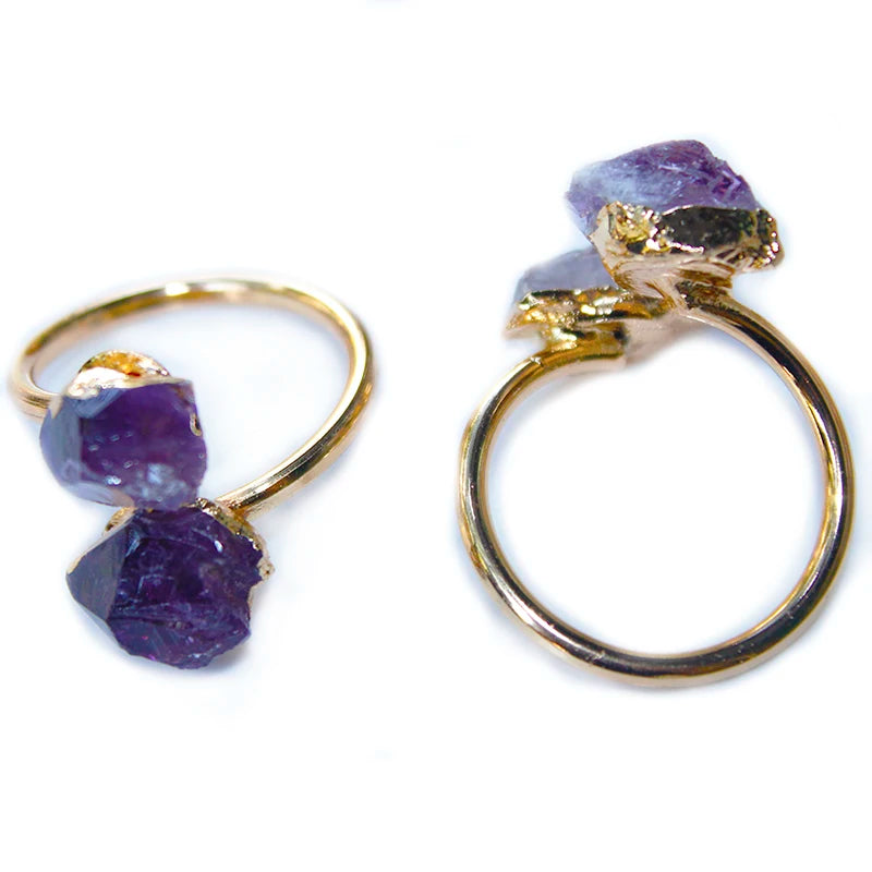 Irregular Amethyst Rough Stone Open Ring Golden Handmade Finger Jewelry Adjustable Size