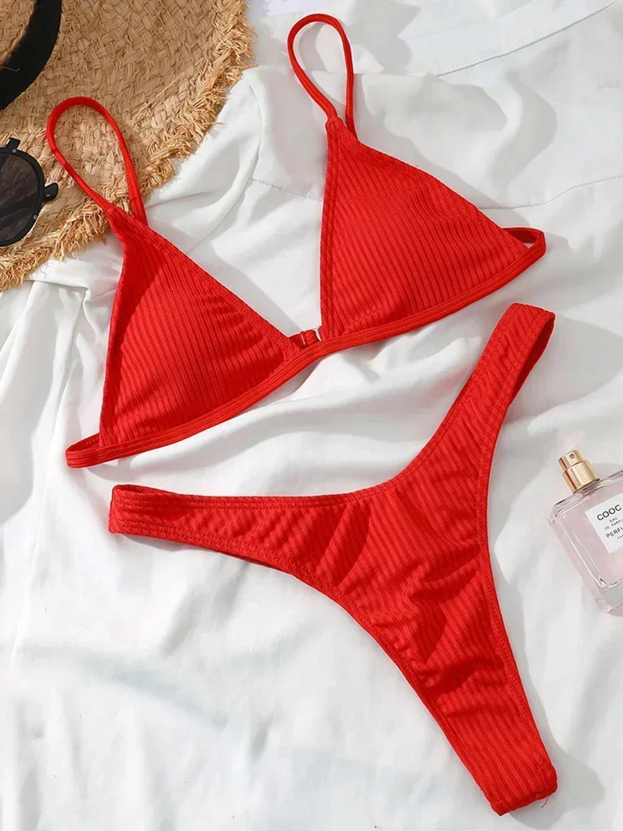 Bandeau Tanga Bikinis Ribbed Bikini 2025 Sexy High Cut Bikini Set Brazilian Swimsuit Thong Swimwear Women Girls Swimming Suit