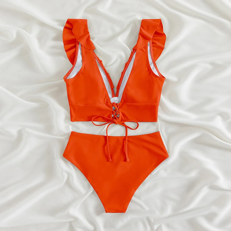Riseado High Waist Bikinis Set Ruffle Shoulder Sexy Plunging Swimwear Women Bathing Suit Summer Beachwear