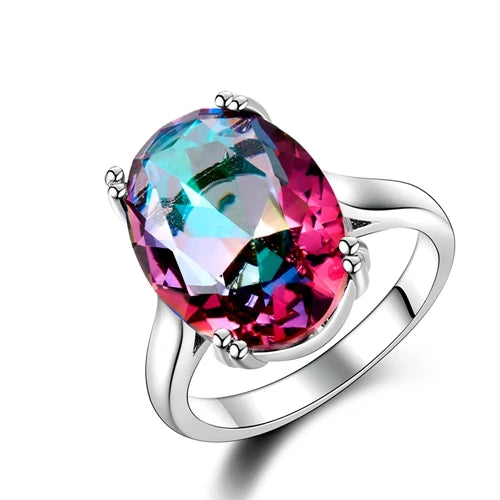 Fashion Big Oval AAAAA Zircon Rainbow Gemstone 13*18MM Multicolor Tourmaline Wedding Ring Bridal Jewelry Engagement Party Gift