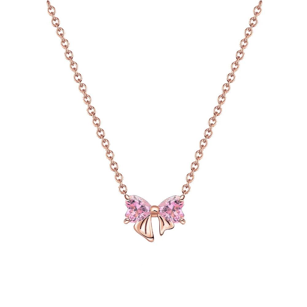 Hot Sale Original 925 Sterling Silver Colorful Bow Tie Necklace Red Heart Pendant Round Necklace Classic DIY Fine Christmas Gift