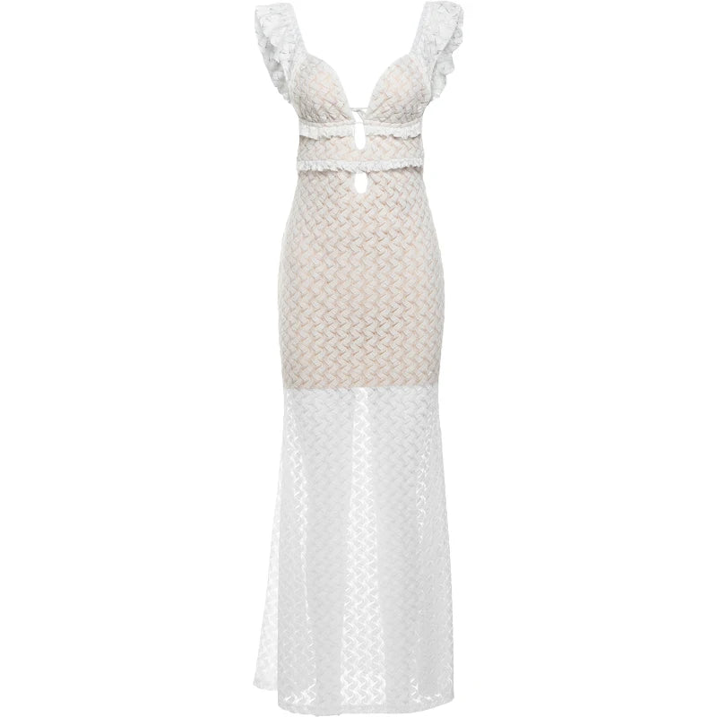 Sisterlinda Woven Ruched Maxi Dress Wowen Fashion Sexy Deep V-neck Backless Bandage Vestido Female Elegant Romantic Evening Robe