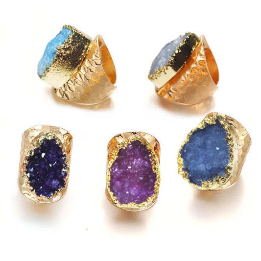 Elegant Crystal  Irregular Raw Druzy Stone Ring Gold Plated Boho Wide Open Finger Jewelry for Women Men Party Wedding