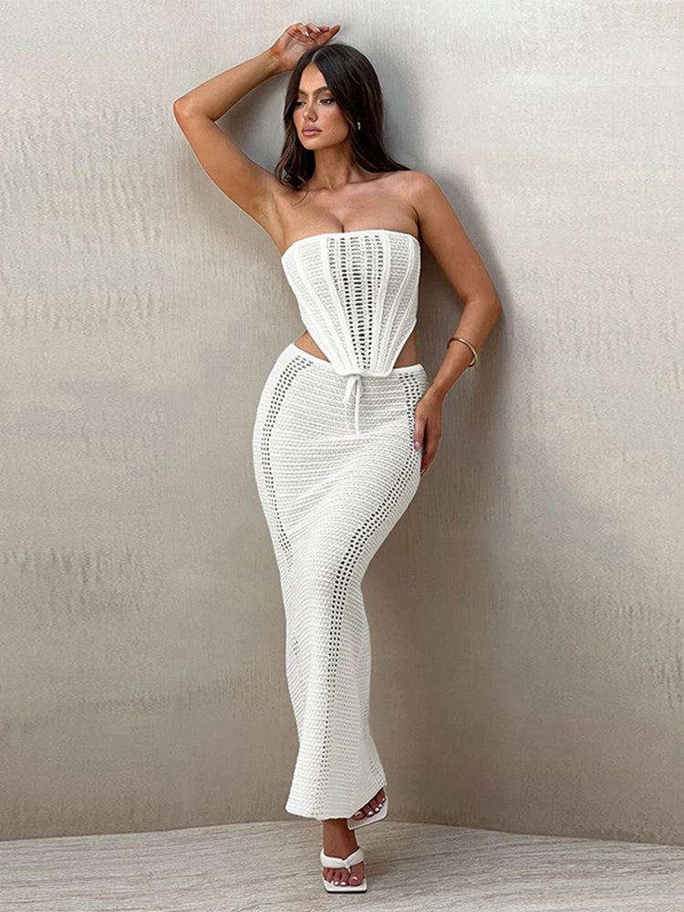 Knitted Beach Suit Women Sexy Backless Long Skirt and Top Set Summer Lace-up 2 Pieces Skirt Set Bikini Cover ups 2024 Beachwear