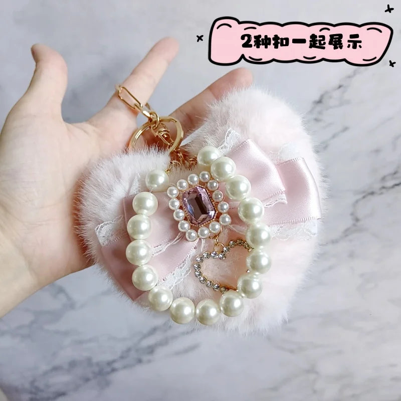 Romantic Bag Ornament Plush Heart Pearls  Keychain Bag Decor Keyring Sweet Ita Bag Pendant Handmade Bow Accessories Keychain