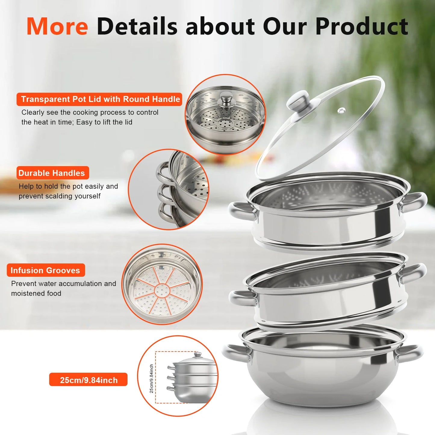 3 Tiers Stainless Steel Steamer 28cm Overlapping Steaming Pot Cookware Kitchen Soup Steamer Cooker Set Silver with Glass Lid
