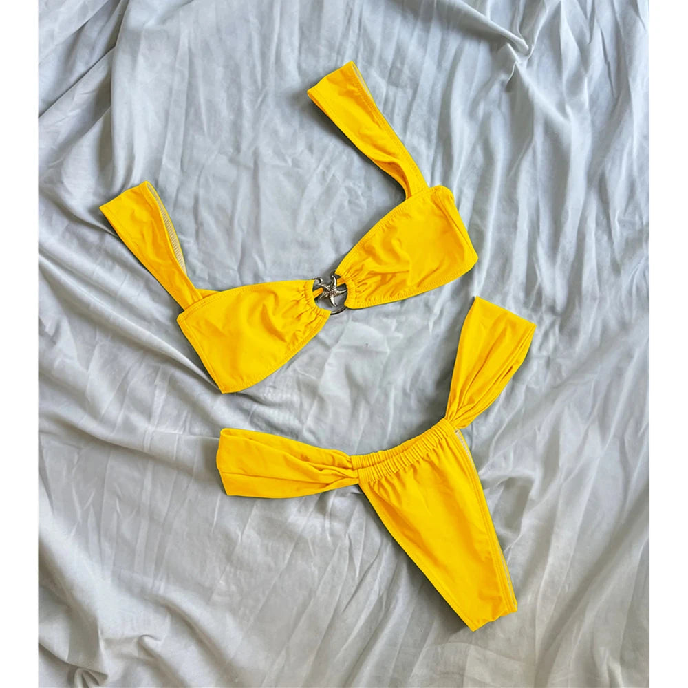 Push Up Bikinis Women Swimsuits 2025 Swimwear Sexy Starfish Bikini Set Thong Brazilian Biquini Bathing Suit Solid Beachwear