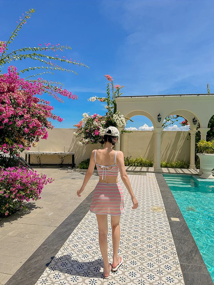 Sexy Stripe Bandeau Swimwear High Waist Bikini 2024 Women 3 Pack Swimsuits with Skirt Bathing Suit Korean Bikinis Set Beach Wear