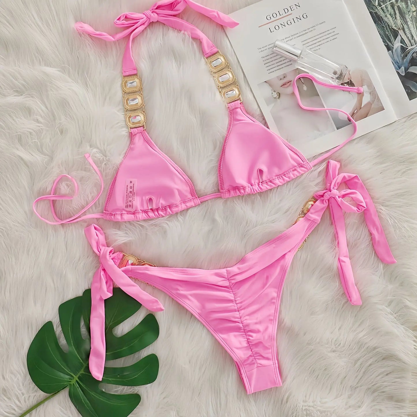 Sexy Rhinestone Bikini Set Women 2025 Luxury Pink Crystal Diamond Push Up Bandage Thong Swimsuit Beach Bathing Suit Swimwear