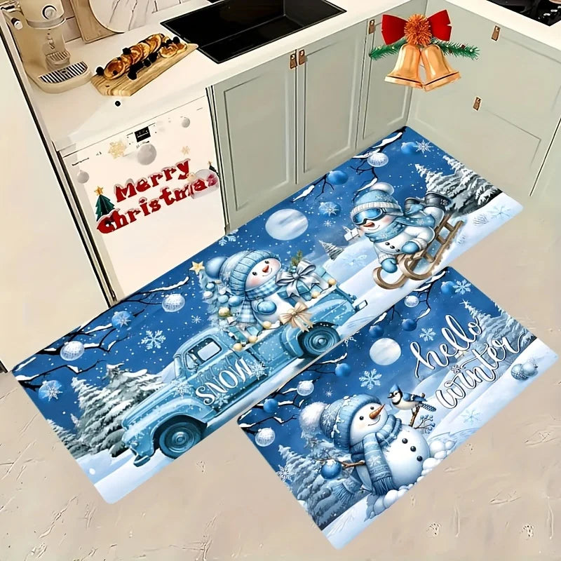 Merry Christmas Blue Snowman Truck Kitchen Mats Winter Xmas Entrance Non-slip Door Mat Balcony Hallway Rug Christmas Decorations