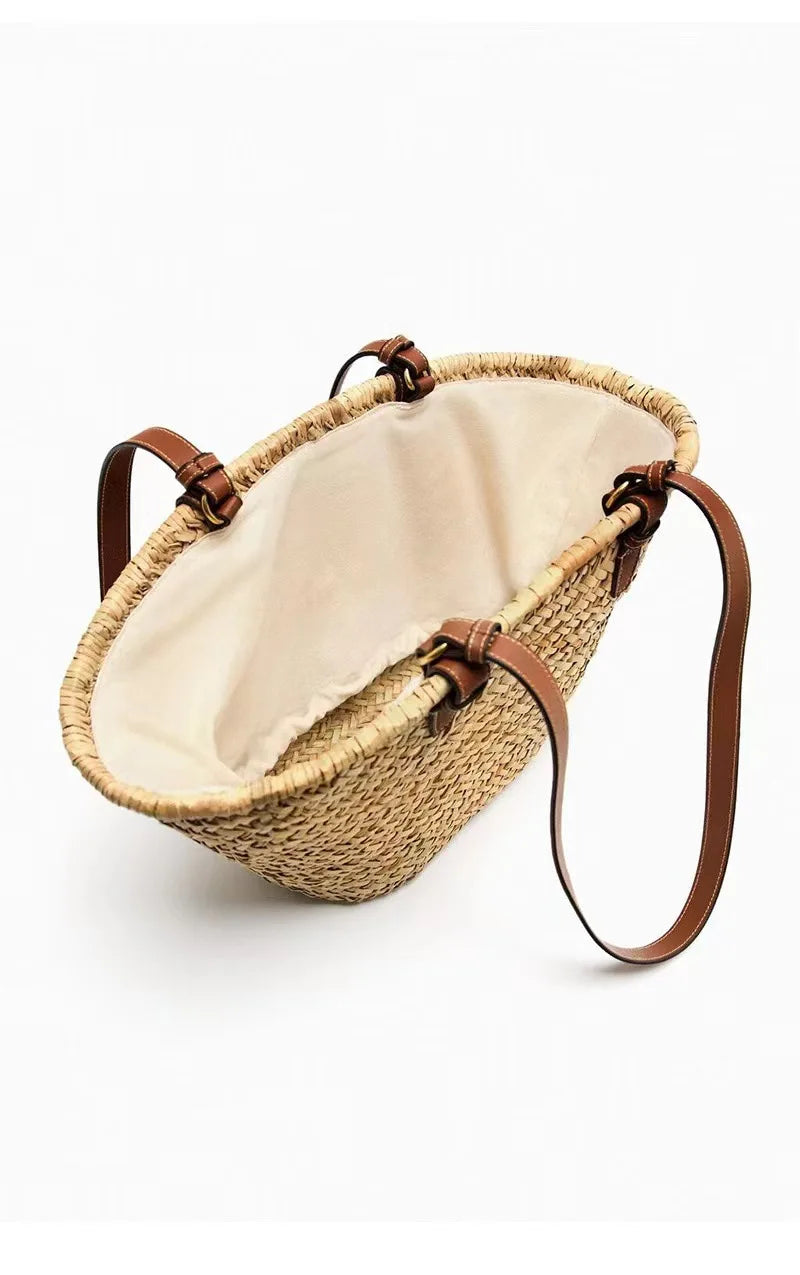 Fashion Large Capacity Straw Basket Bag Handmade Weave Women Shoulder Bags Casual Summer Beach Bag Big Tote Bali Shopper Purses