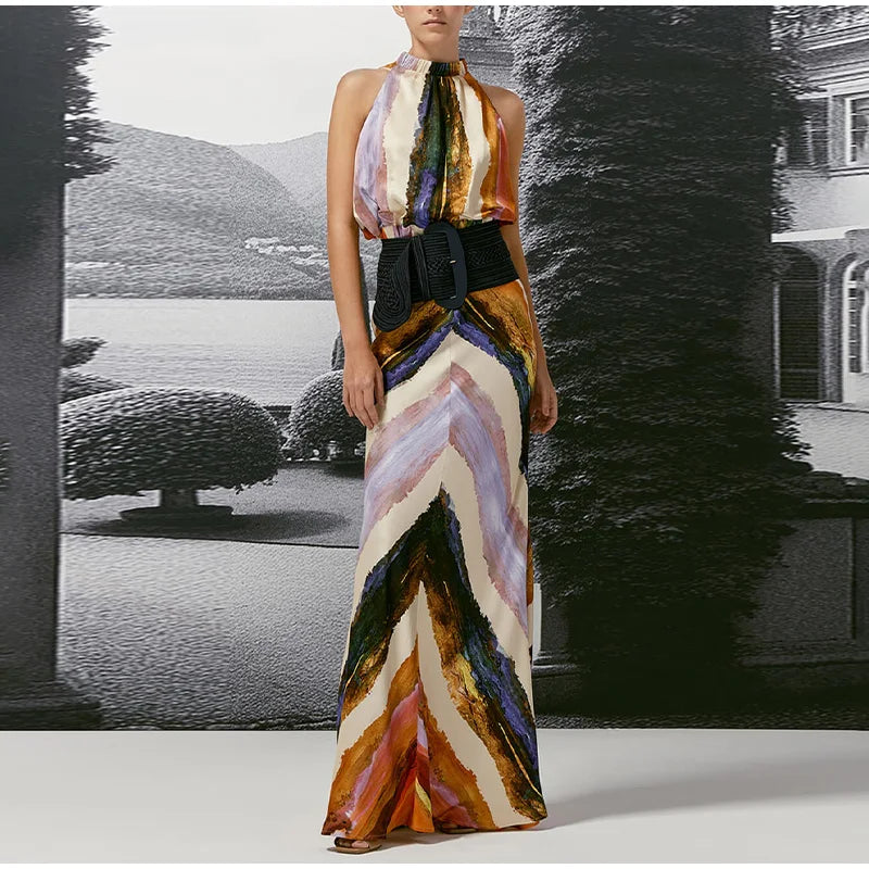 Painterly Print Satin Co-ord Set Sleeveless High Neck Crop Top Slim Fit Maxi Skirt Women's Elegant Chic Party Evening Outfit