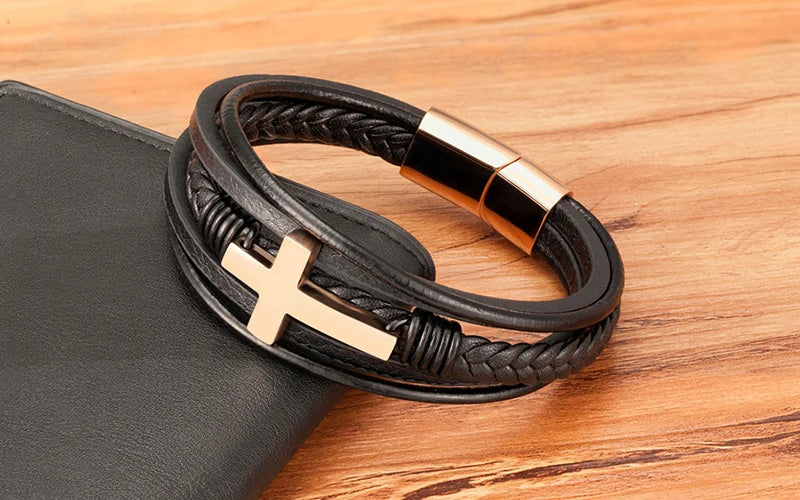 Men's Cross Bracelets Luxury Design Stainless Steel Bangles Classic Leather Bracelet Men Accessories Wrist Band Male Gift