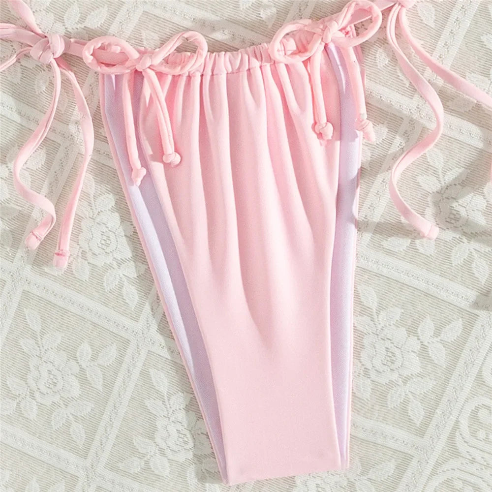 Pink Bow Swimwear String Halter Triangle Micro Bikini Thong Sexy Swimsuit Women Lace-up Wrinkled Bathing Suit Mini Bikinis Sets