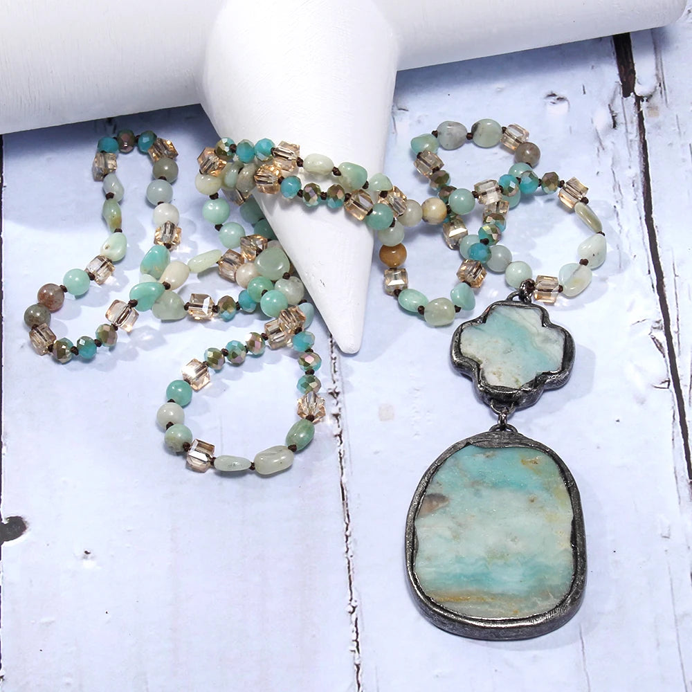 Summer New Bohemian Style Women's Jewelry 6mm Natural Stone Glass Knot Necklace Cross Elliptical Stone Pendant Necklace Sweater