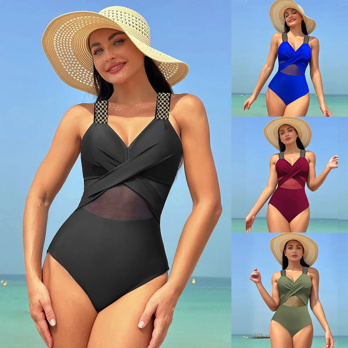Sexy One Piece Swimsuit Women's Pure Color Mesh Bikini Swimsuit Summer New