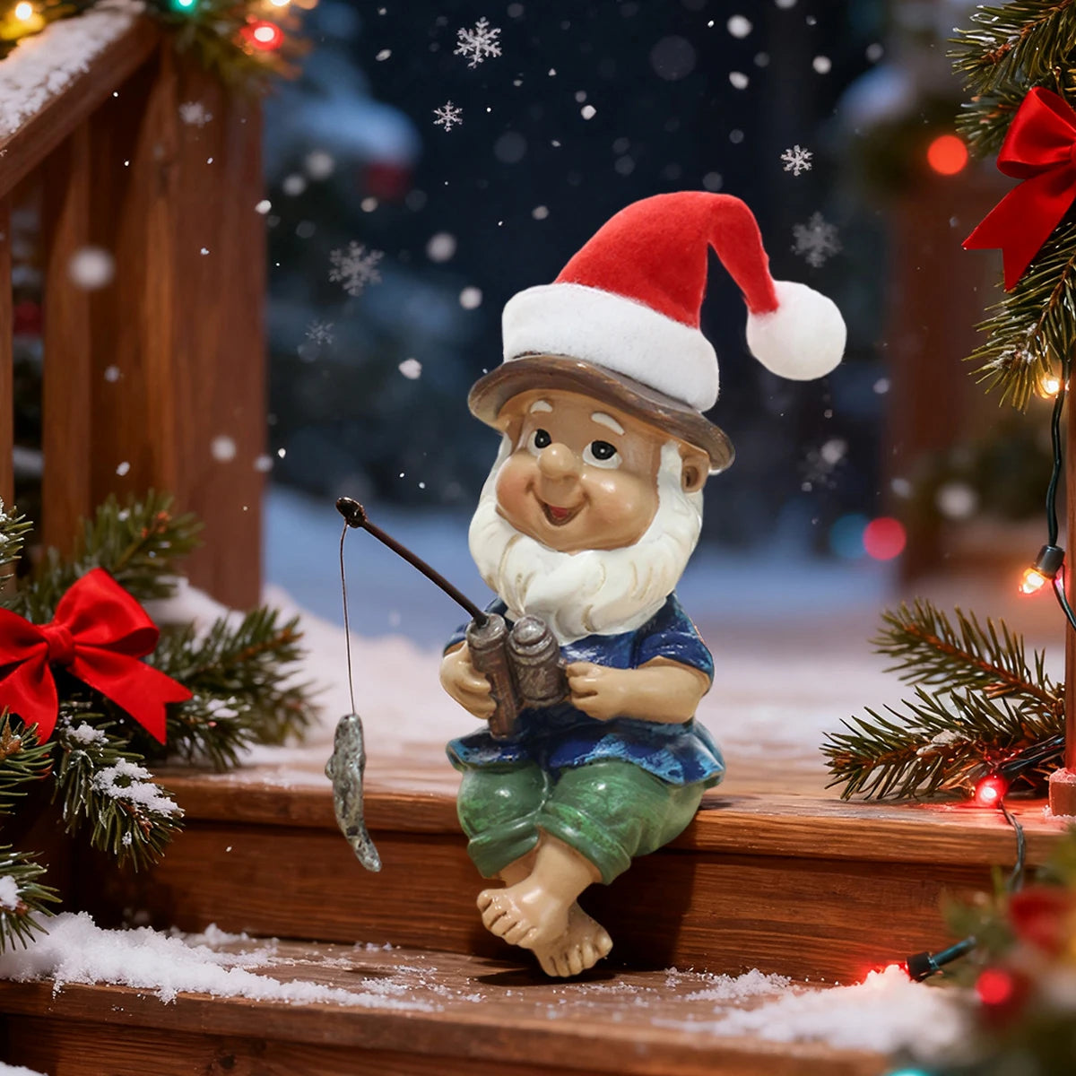 1 Christmas fishing dwarf, creative Christmas home decoration, fun Christmas hat dwarf, Christmas gift, resin crafts