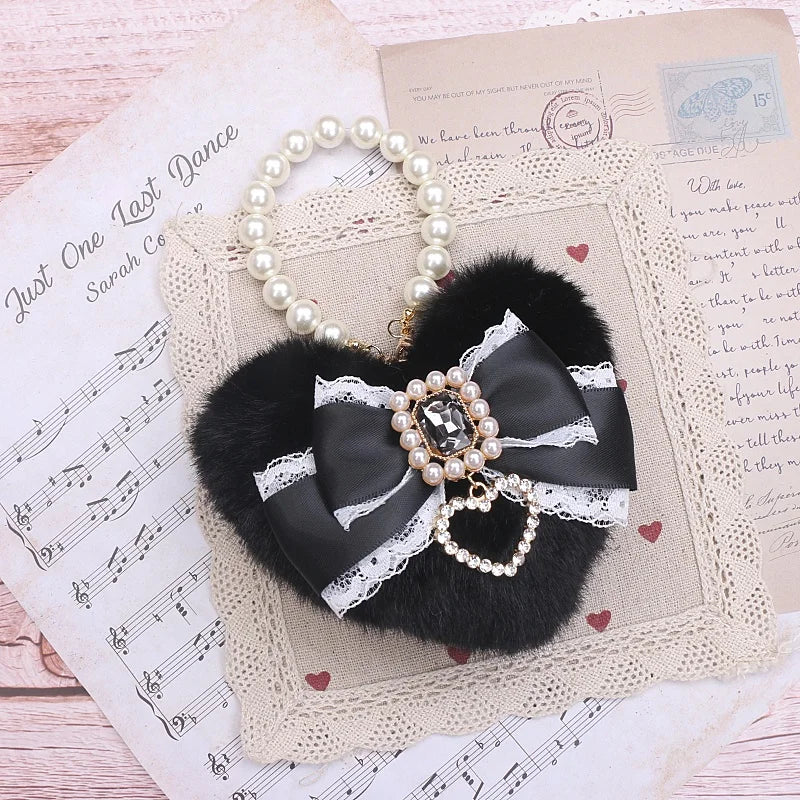 Romantic Bag Ornament Plush Heart Pearls  Keychain Bag Decor Keyring Sweet Ita Bag Pendant Handmade Bow Accessories Keychain
