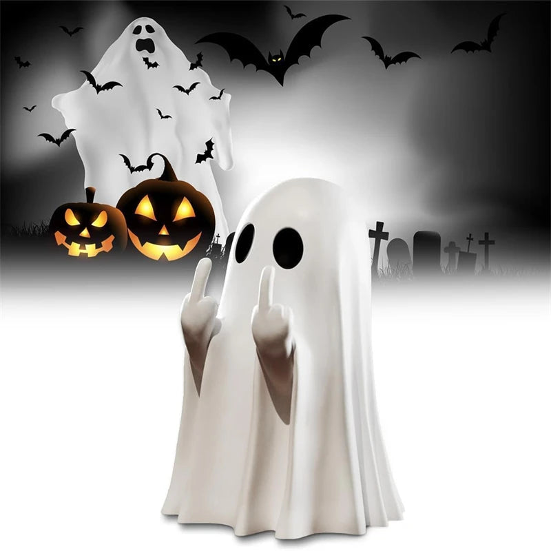 Cute Ghost Resin Statue Middle Finger Figurine Spooky Halloween Decor For Shelf Mantel Coffee Table Display Home Party Ornament